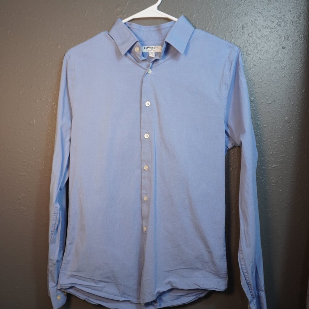 Express 1MX Mens Blue  Button Up Long Sleeve Extra Fitted Shirt Size Medium